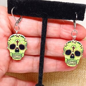 Green sugar skull earrings